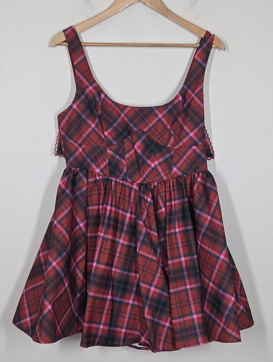 Altar'd State Dresses & Skirts - Altar'd State Red Pink Tartan Plaid Bow Babydoll Mini Dress Holiday Preppy Punk